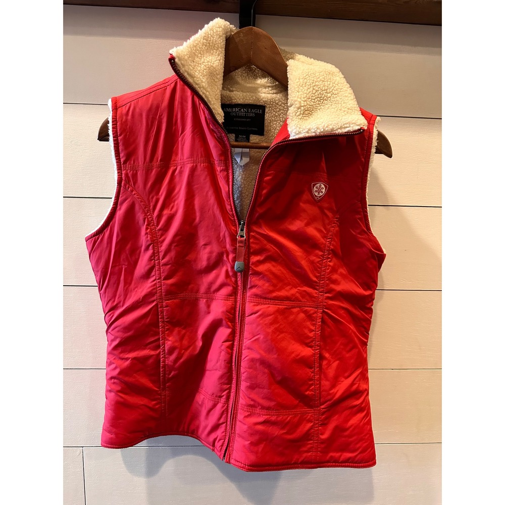 American Eagle Red Puffer Vest Shelter Series Faux Shearling Lined Women Medium